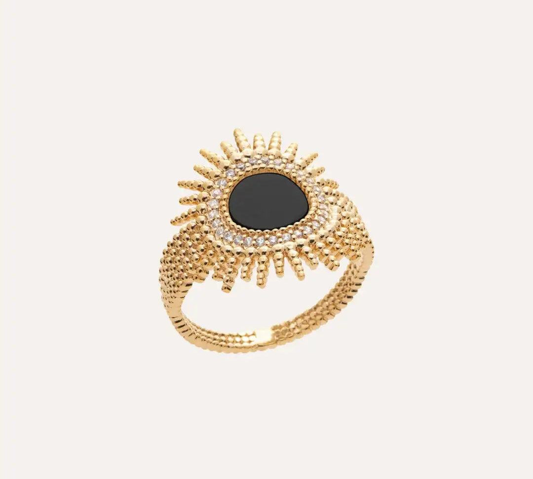 Bague Louise en plaqué or 18 carats avec agate noire et zircons