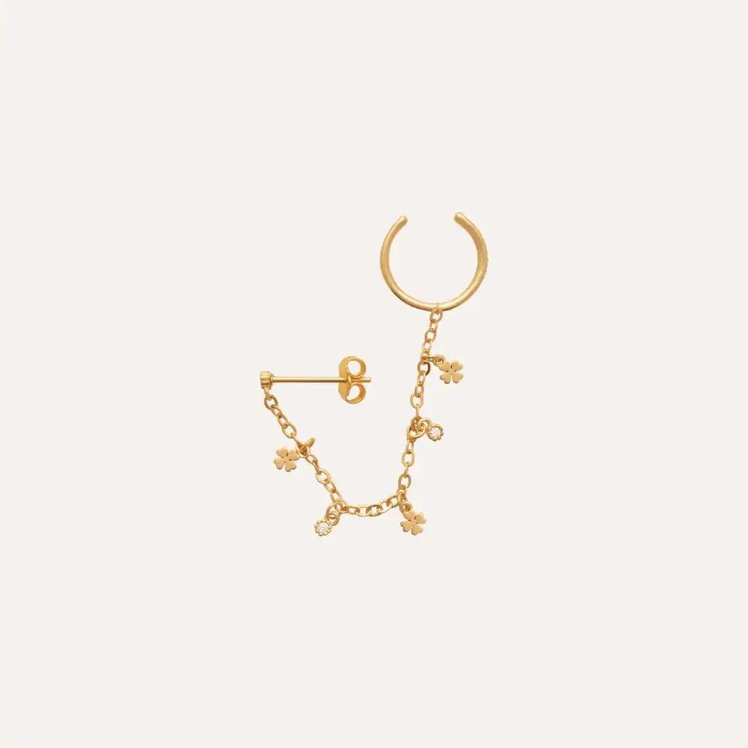 Boucle et bague d'oreille Camille en plaqué or avec chaînette trèfles