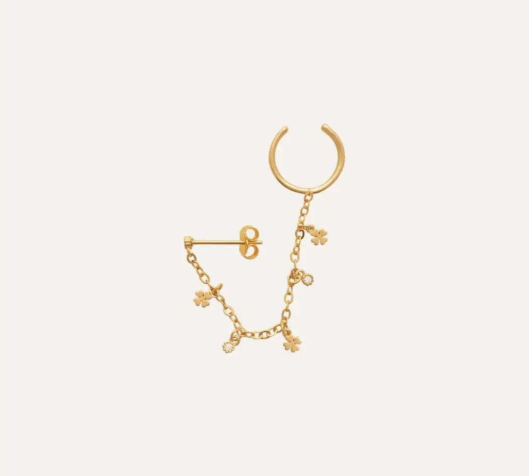 Boucle et bague d'oreille Camille en plaqué or avec chaînette trèfles
