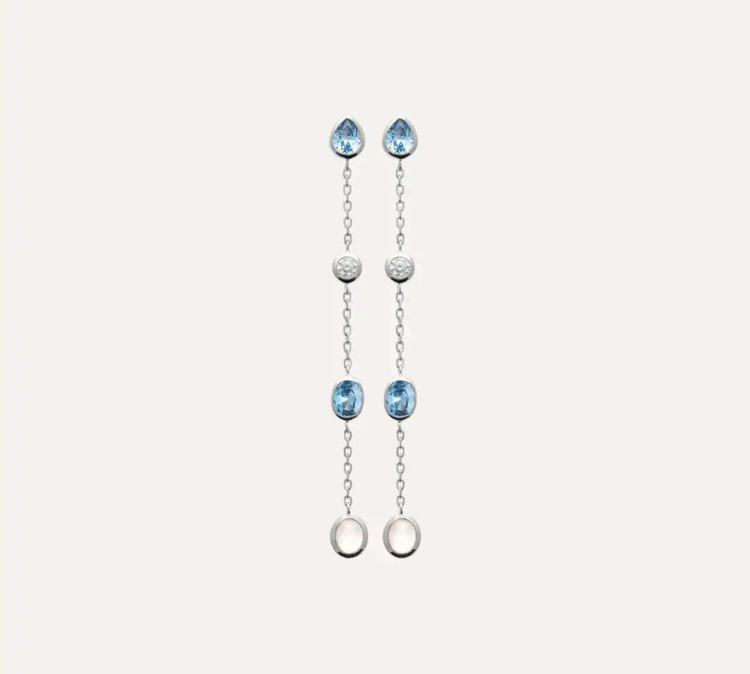 Boucles d'oreilles pendantes Flore en argent 925 rhodié et cristaux bleus