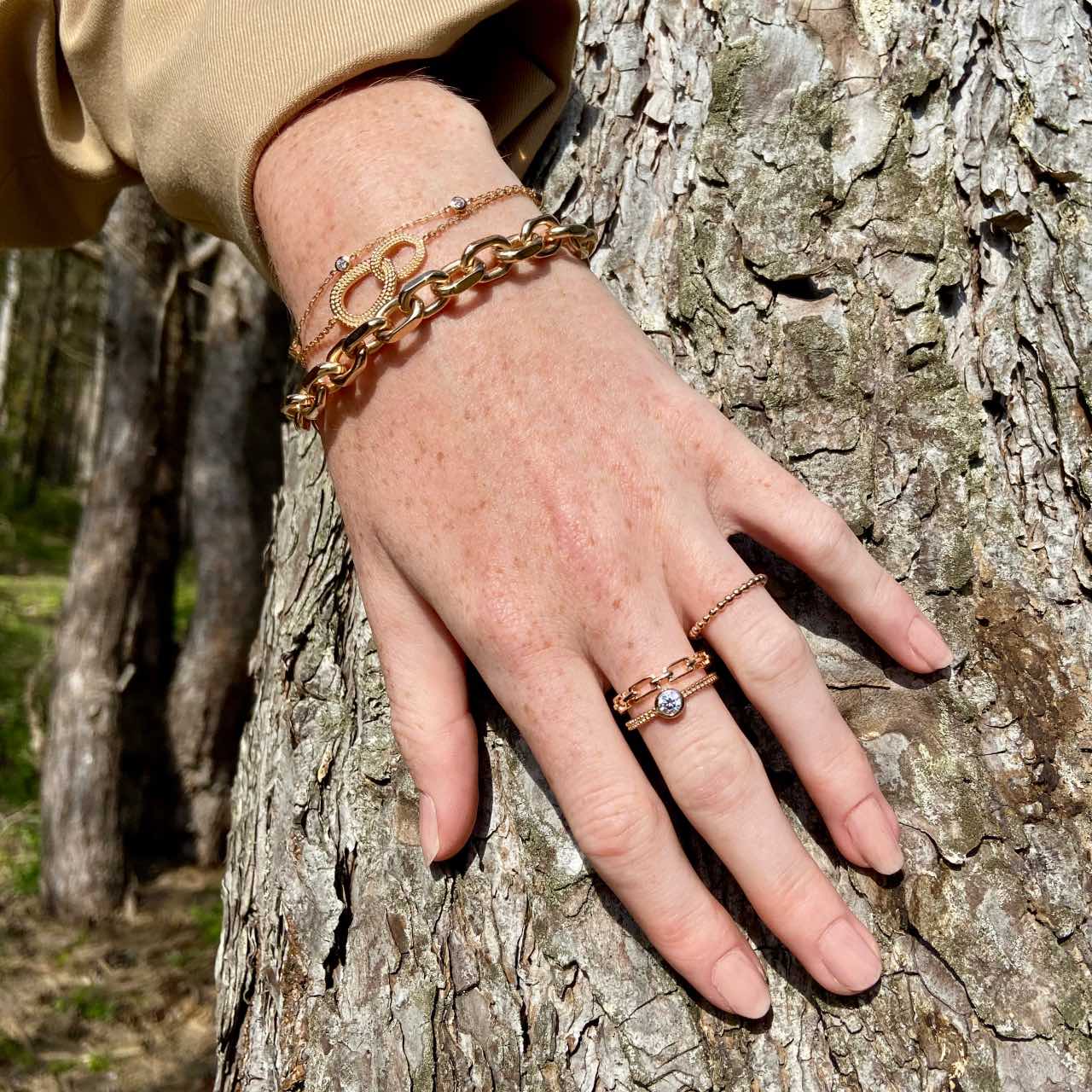 Main posée sur un arbre, bijoux dorés chics, bracelets et bagues tendance femme