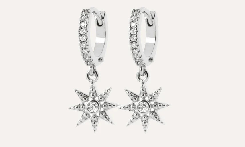 Boucles d’oreilles argentées pendantes motif étoile zircon, bijoux chics femme