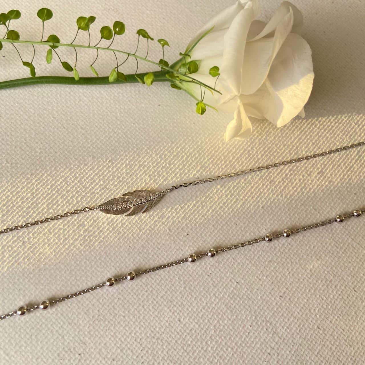 Ensemble de 2 bracelets plume argent zircons