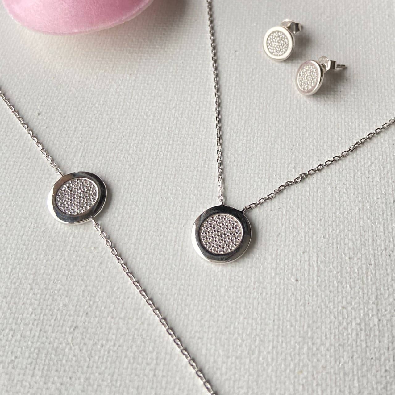 Bracelet collier et boucles pastille oxydes zircon argent