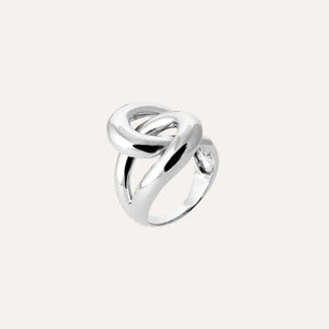 Bague entrelacée argent rhodié, design torsadé ouvert, éclat poli