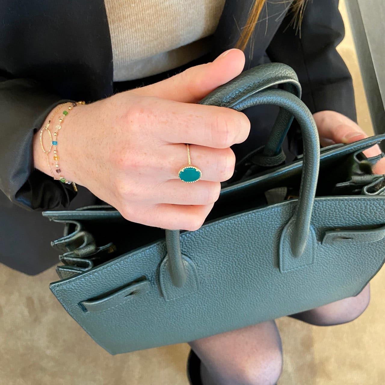 Bague plaqué or pierre verte