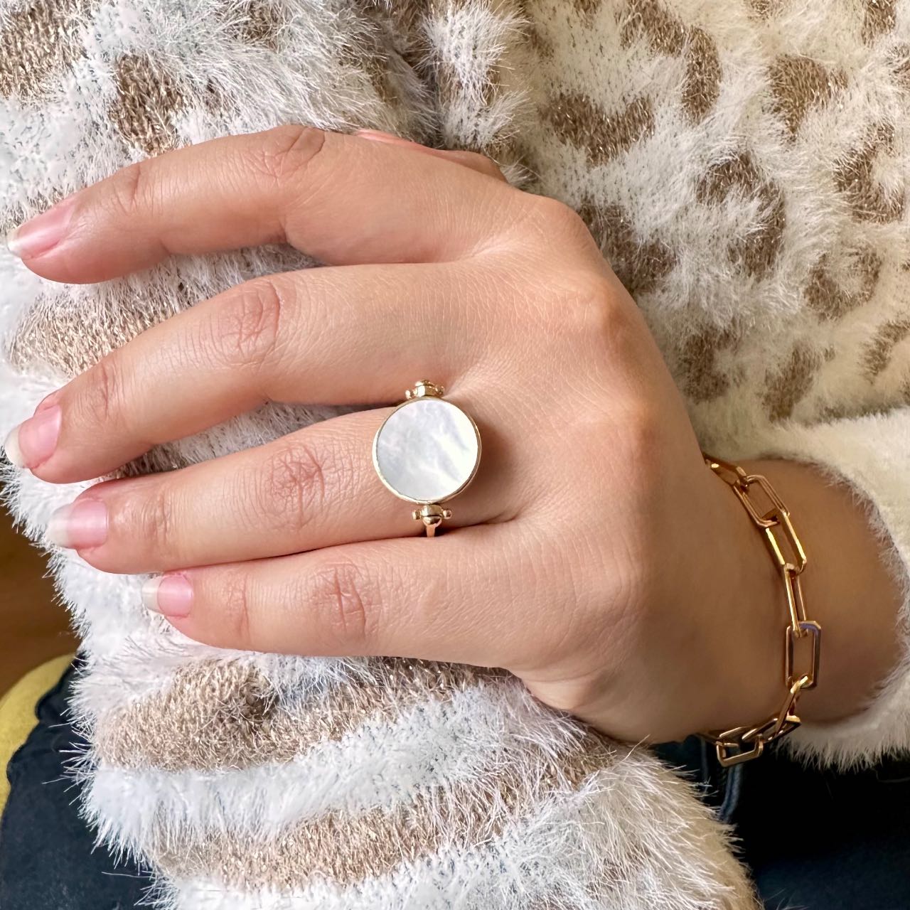 Bague plaqué or réversible nacre