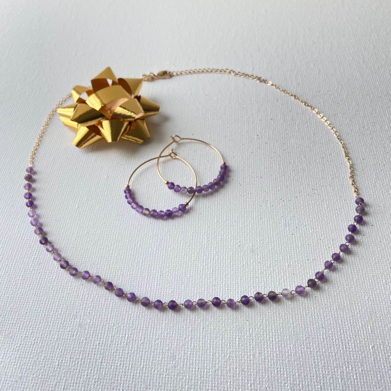 Parure bijoux plaqué or perles améthyste