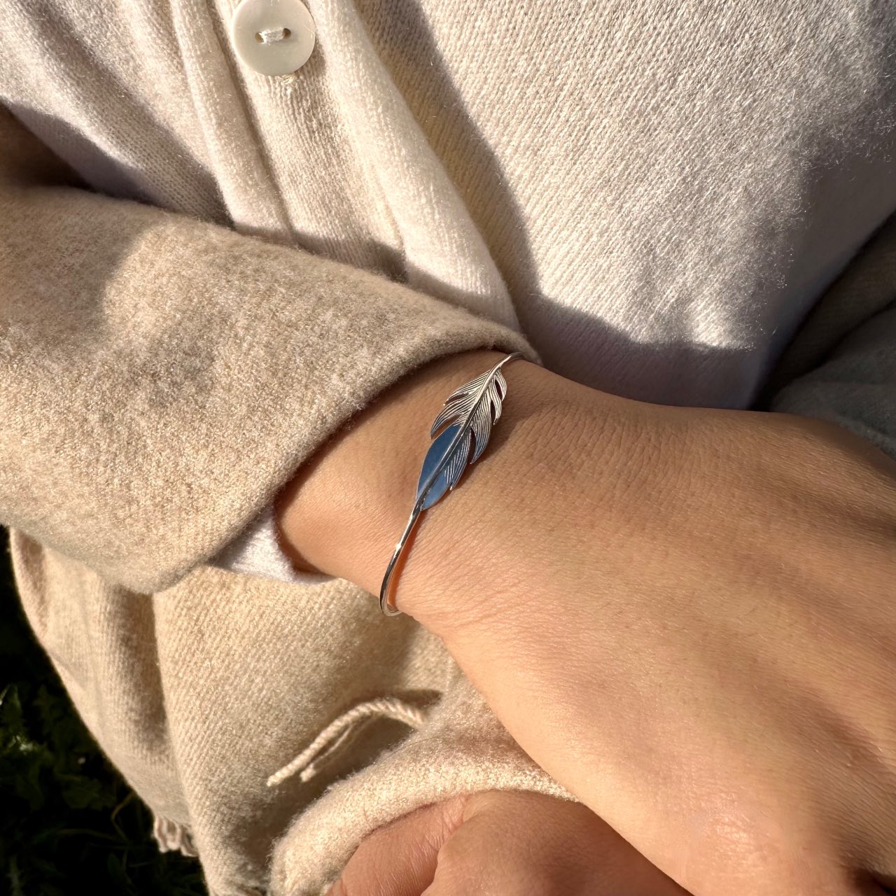 Bracelet jonc argent plume