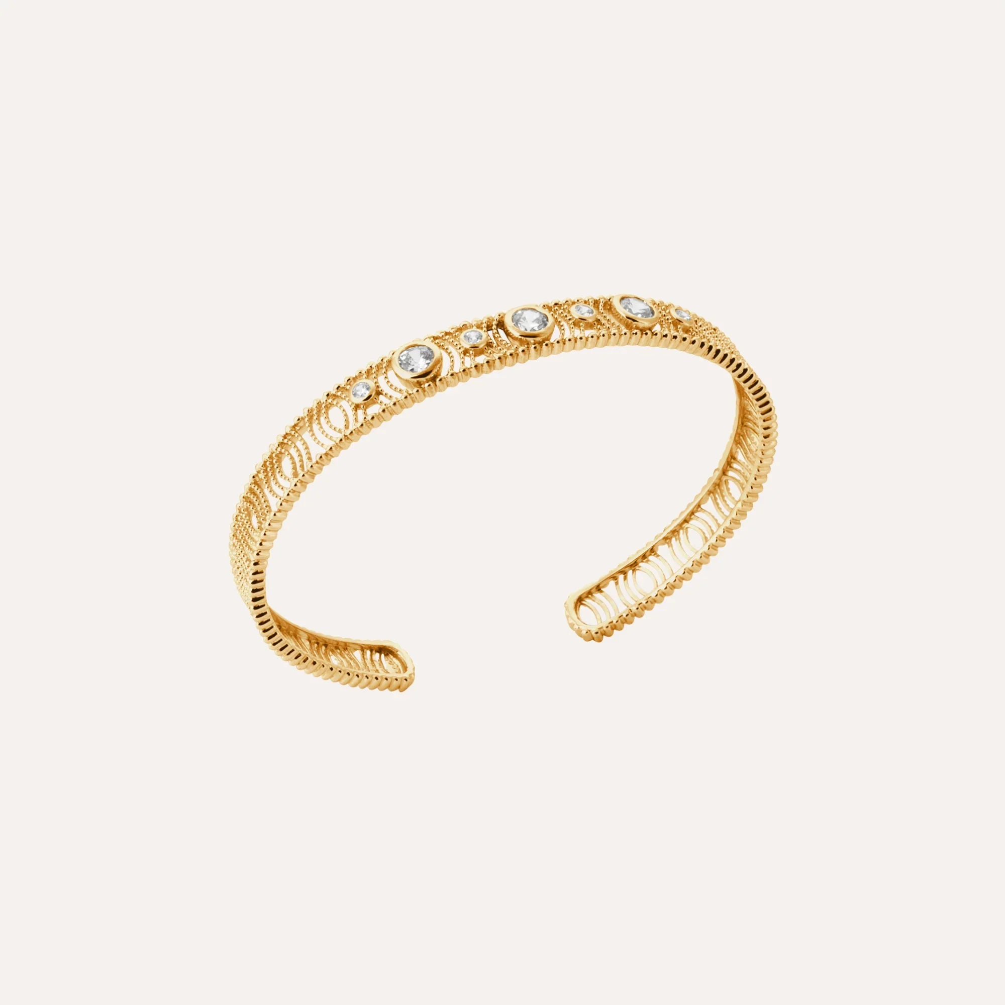 Bracelet jonc plaqué or avec pierres et motif pavé, vue de face ouverte