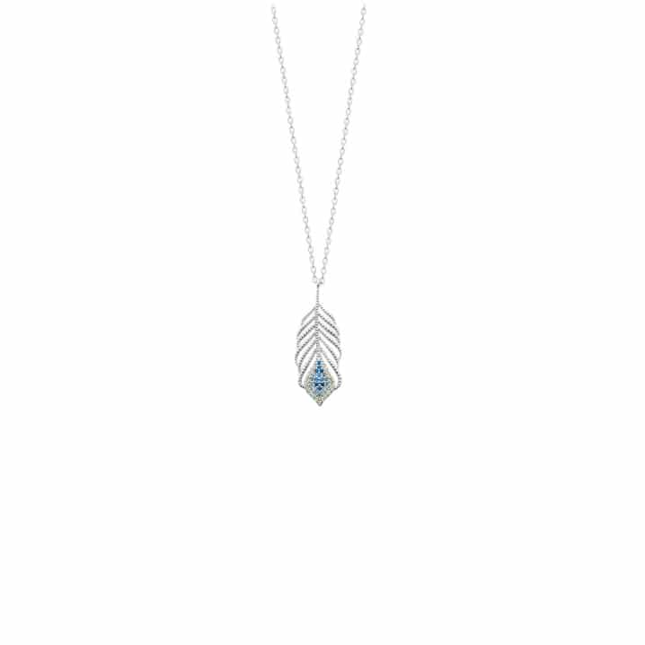 Collier femme argent plume zircon bleu Bélinda