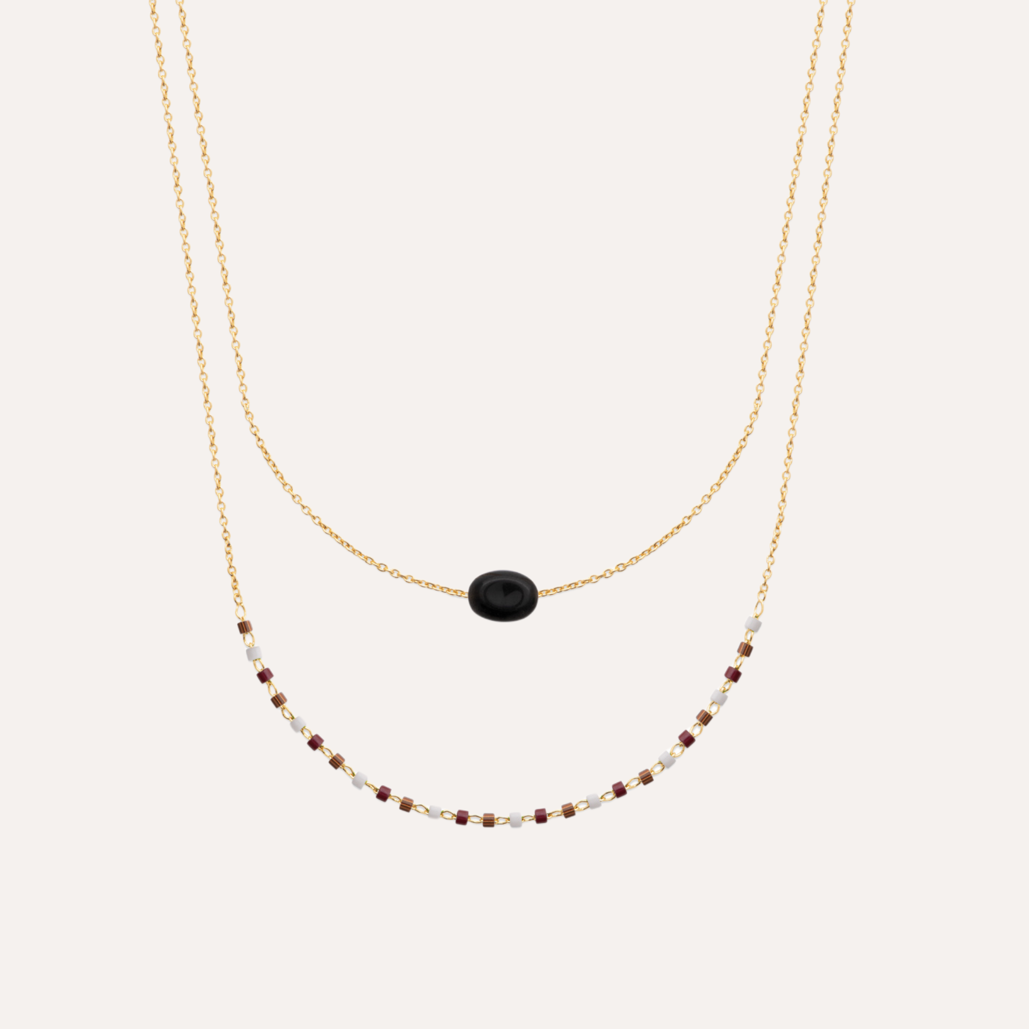 Collier double rangs doré avec perle noire et perles colorées, bijou élégant femme