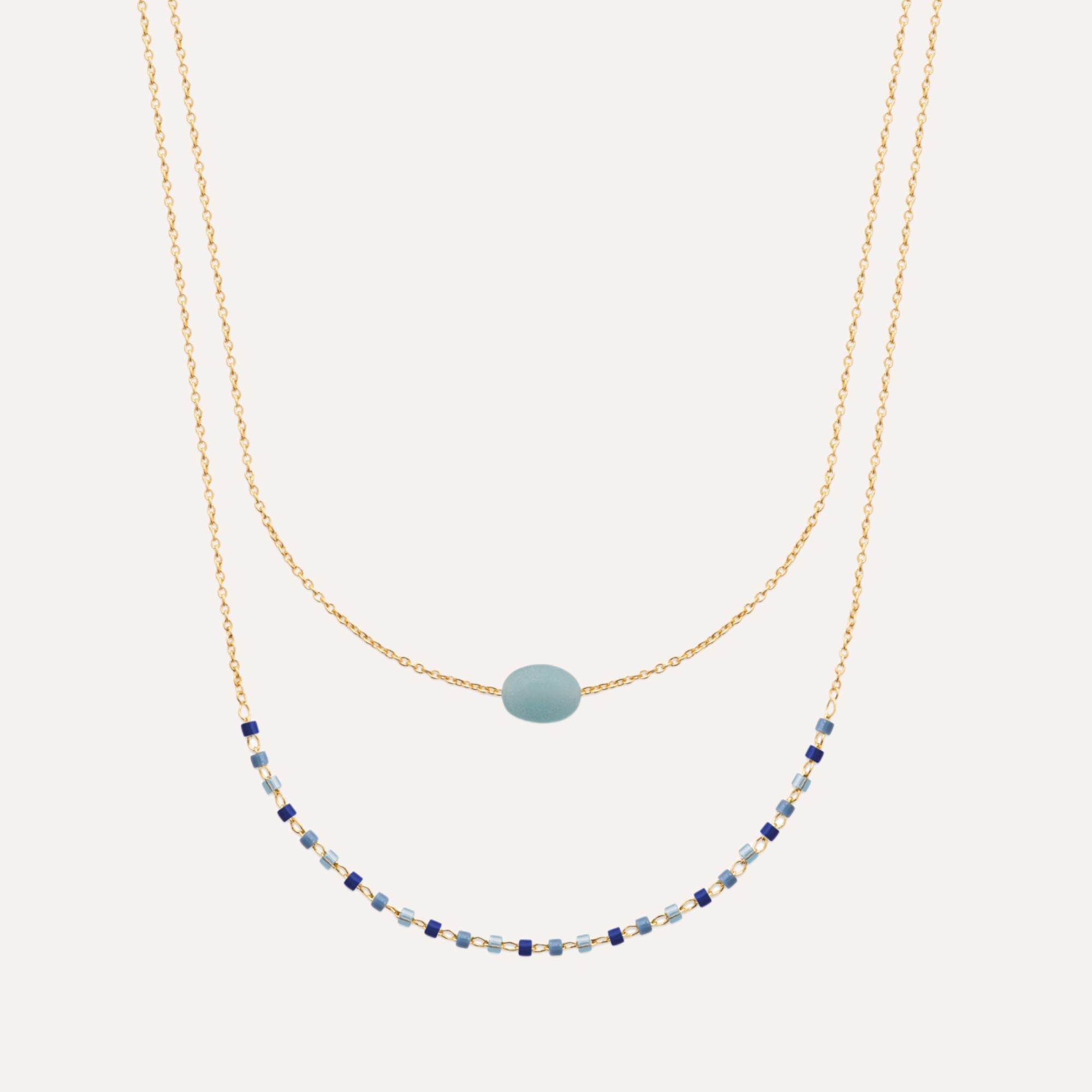 Collier chic double rangs doré avec perles bleues et pendentif central en pierre turquoise