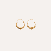 Boucles d’oreilles créoles dorées, détail torsadé, bijoux chics femme, fond blanc.