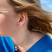 Bijoux d'oreille en argent porté par une jeune femme blonde