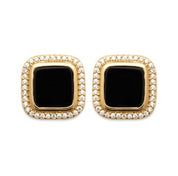 Boucles d'oreilles carré avec pierre en agate noire serti d'oxydes de zirconium