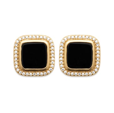 Boucles d'oreilles carré avec pierre en agate noire serti d'oxydes de zirconium
