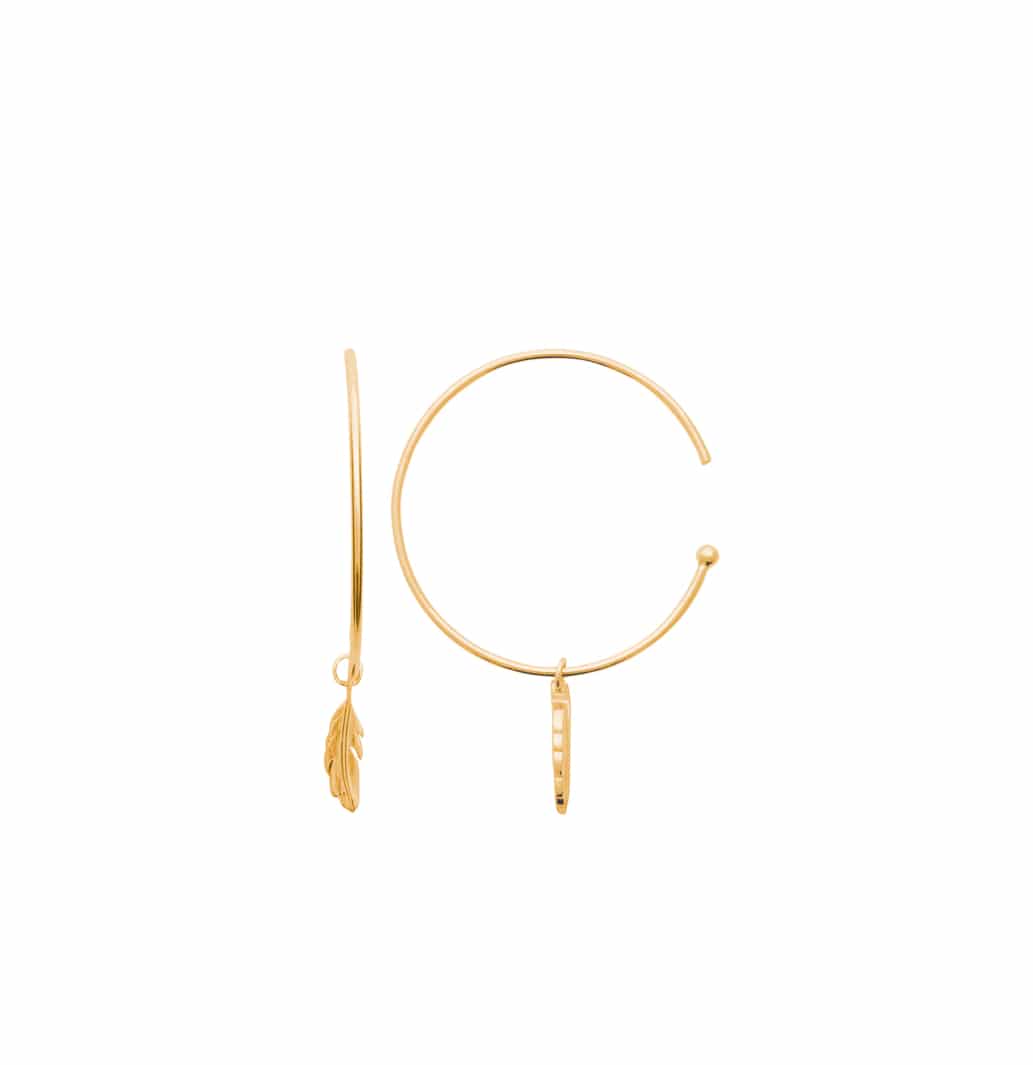 Boucles d'oreilles créoles plaqué or pendent plume