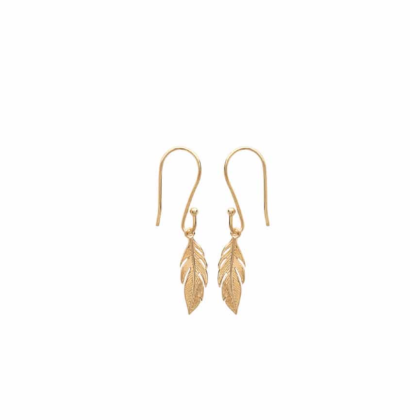 Boucles d’oreilles pendantes dorées motif plume, bijoux chic femme