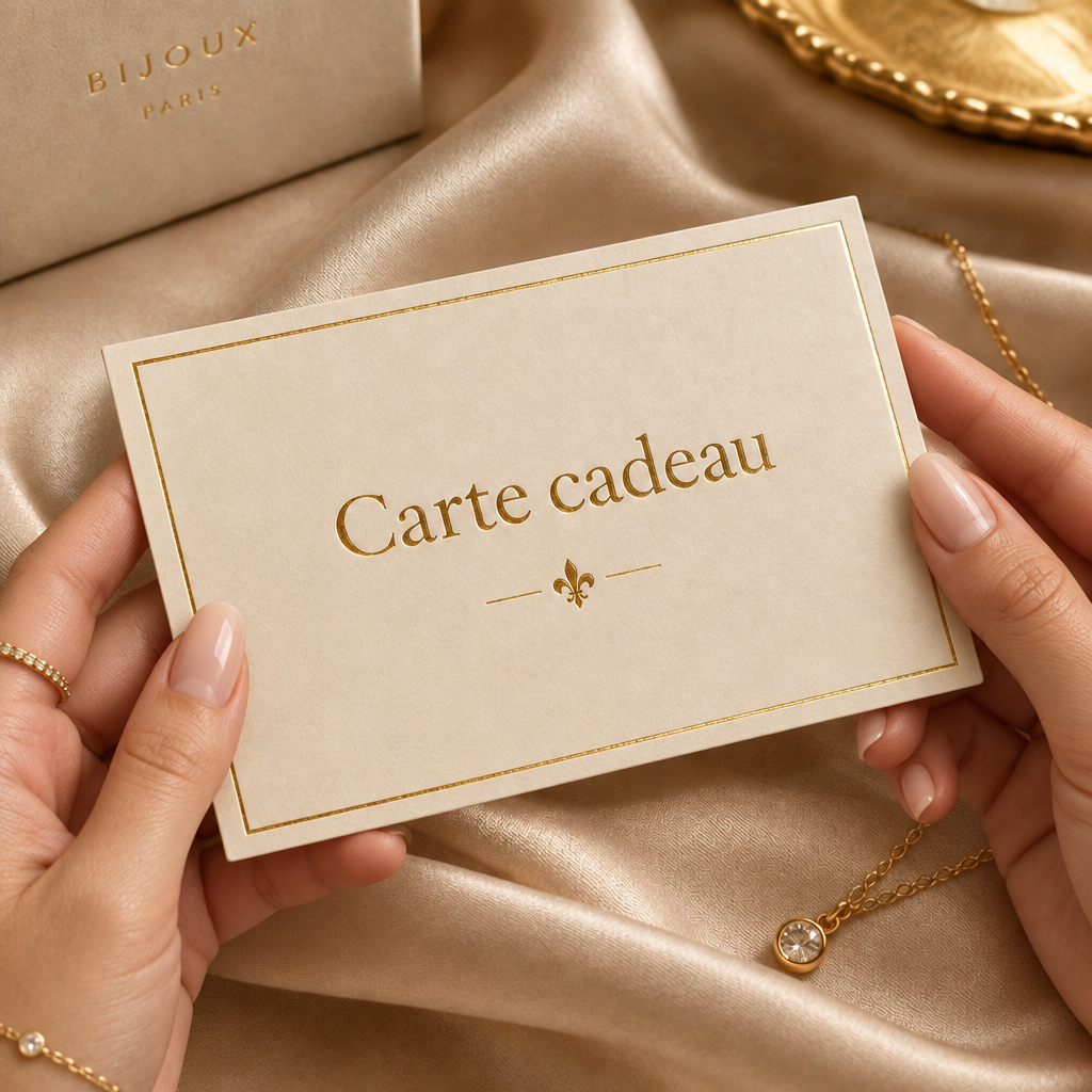Carte cadeau beige tenue par les mains, bordure dorée et « Carte cadeau »