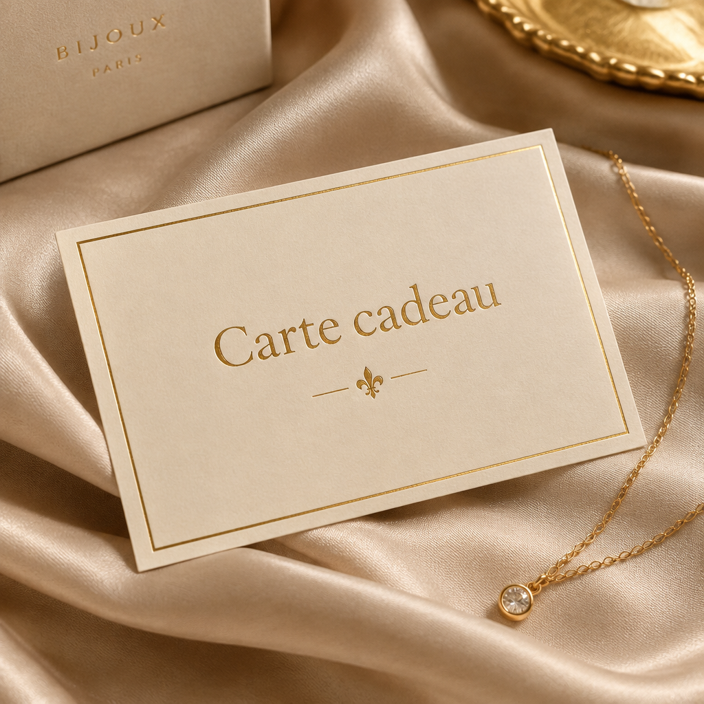 Carte cadeau Les Bijoux Chics : carte crème avec Carte cadeau en lettres dorées, posée sur un fond de soie beige avec un fin collier plaqué or