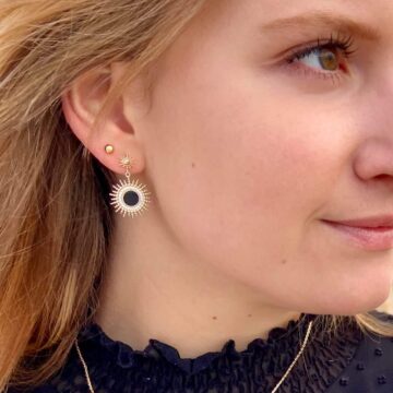 boucles d'oreilles pendantes plaqué or soleil agate noire